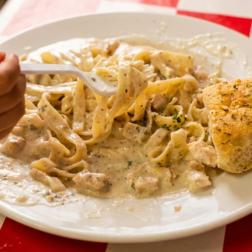 A hand twirls creamy chicken fettuccine alfredo with a fork, served with focaccia bread on a red and white checkered tablecloth.