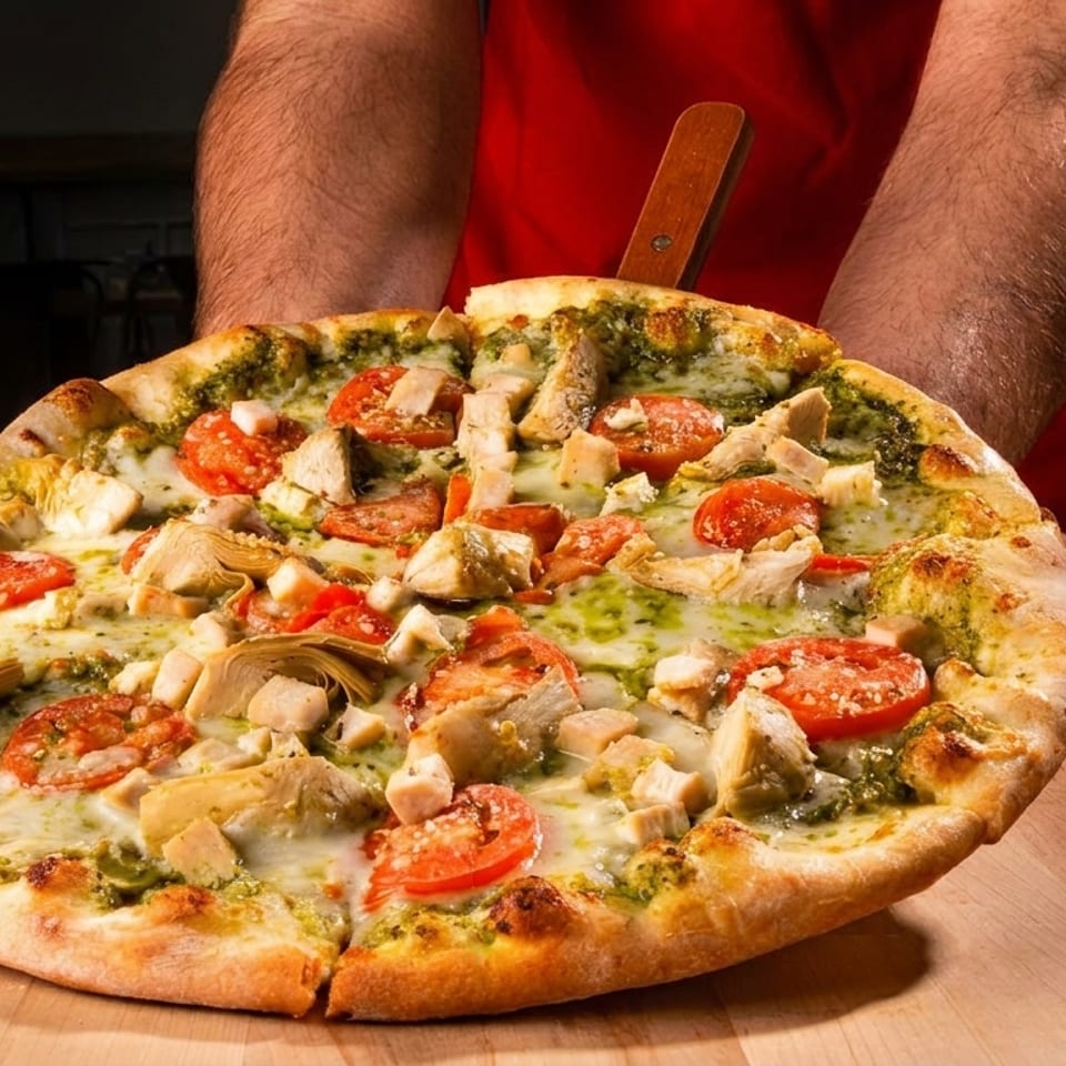 Hands in a red shirt holding a pesto pizza with chicken, tomatoes, and artichoke hearts.
