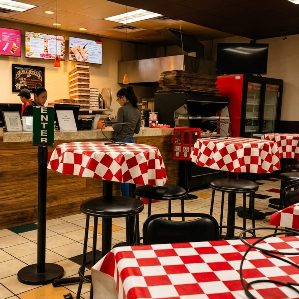 Interior of a casual restaurant with red and white checkered tables, bar stools, and a service counter.