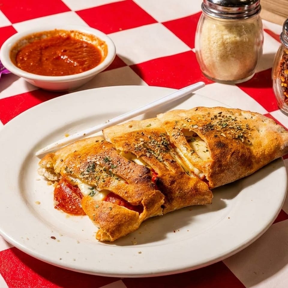 A sliced calzone with pepperoni and cheese, served with marinara, on a red and white checkered tablecloth.