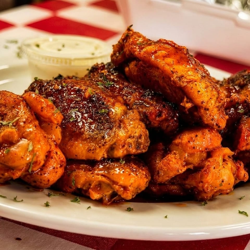 Plate of saucy chicken wings with a side of ranch dressing on a red and white checkered tablecloth.