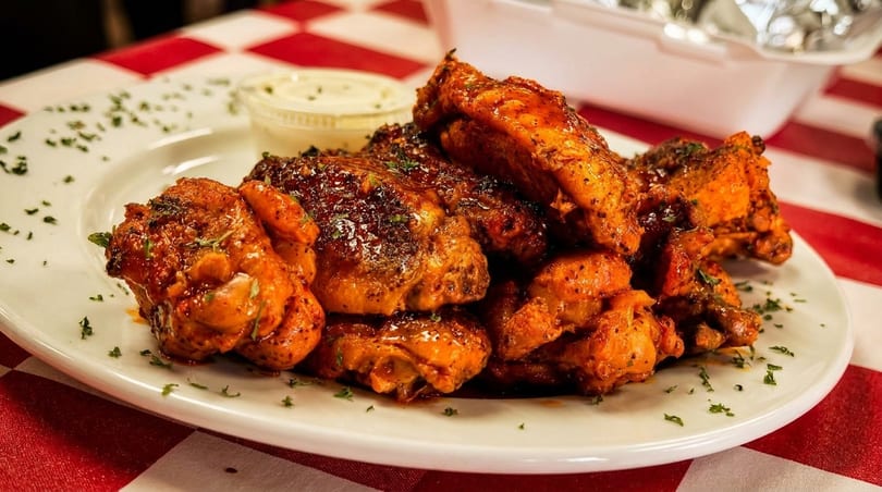 Plate of saucy chicken wings with a side of ranch dressing on a red and white checkered tablecloth.